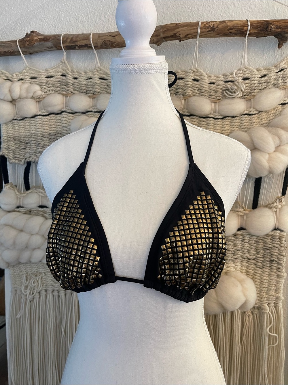 Black Triangle Bikini Top with Gold Stud Detailing